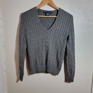 Ralph Lauren Blue Label Cable Knit V-Neck Sweater sz M Gray Purple Embroidered